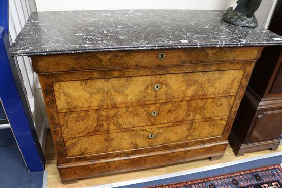 A 19th century French figured walnut marble top chest W.130cm